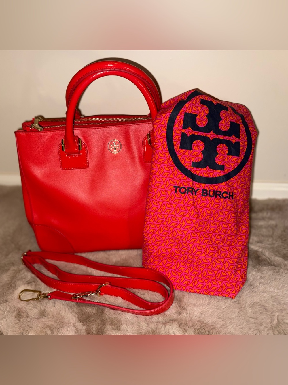 Tory Burch Double-Zip Saffiano Leather Satchel w/ Detachable Strap in Orange/Red
